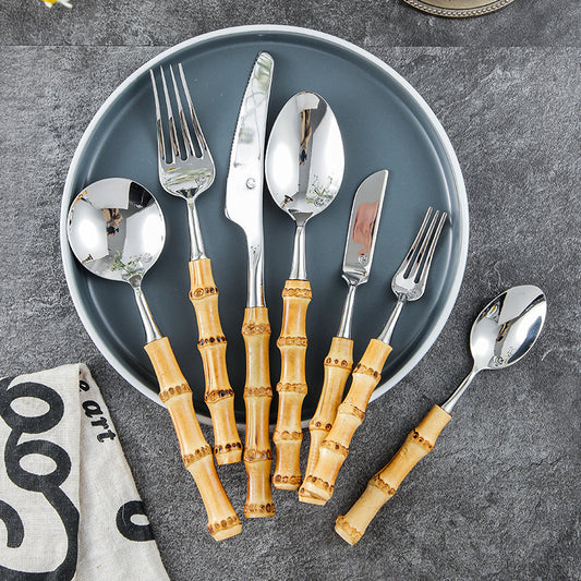 Stainless Steel Bamboo Handle Cutlery Set of 7 Ins style