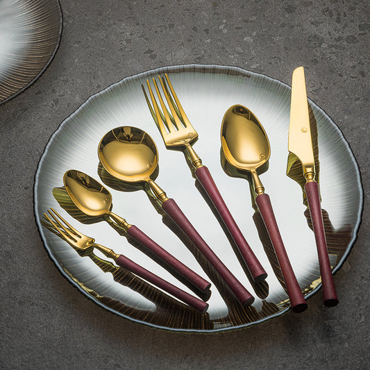 Violet Wood Handled Golden Stainless Steel Cutlery Restaurant & Hotel Tableware Sets