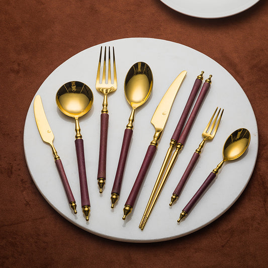 Rosewood Handled Golden Stainless Steel Cutlery Retro Style Cutlery