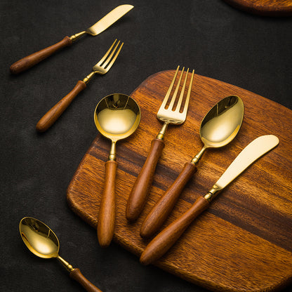 Rosewood  Handled Golden Stainless Steel Cutlery Retro Style Cutlery