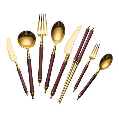 Rosewood Handled Golden Stainless Steel Cutlery Retro Style Cutlery