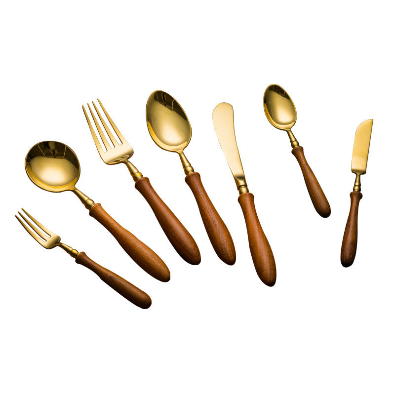 Rosewood  Handled Golden Stainless Steel Cutlery Retro Style Cutlery