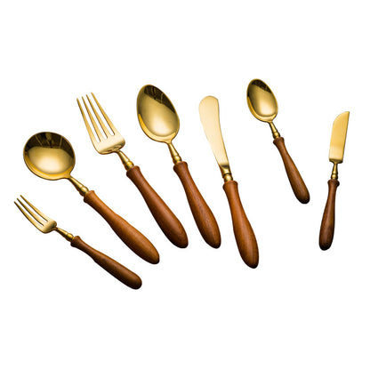 Rosewood  Handled Golden Stainless Steel Cutlery Retro Style Cutlery