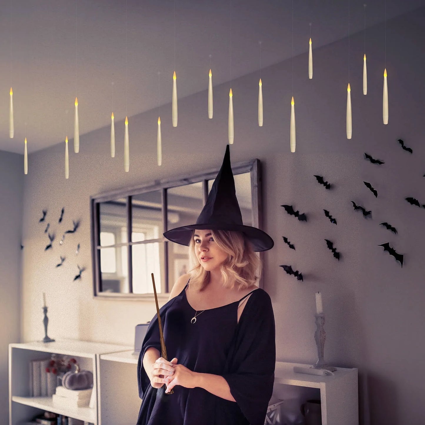 Floating Flameless Candles with Wand Remote and Timer, Halloween Christmas Theme Party Window Decor 6.1 inch